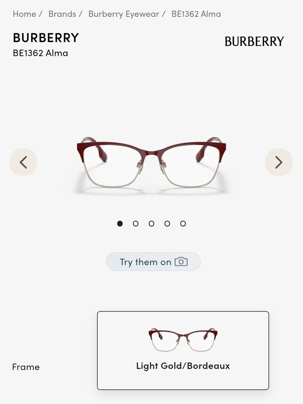 Burberry Alma Cat-Eye Glasses in Bordeaux and Light Gold